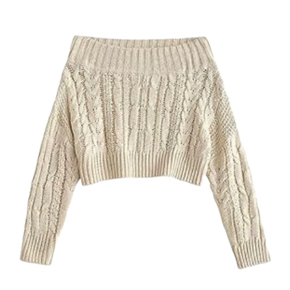 ZAFUL Off Shoulder Long Sleeve Chunky Cable Knit Sweater Pullover in Off-White - Picture 1 of 1